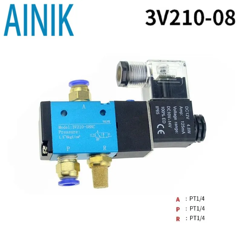 

Válvula Solenoide de aire neumática, válvula magnética de Gas de Control eléctrico de 3 vías, 2 posiciones, 12V, 24V, 220V, 10mm