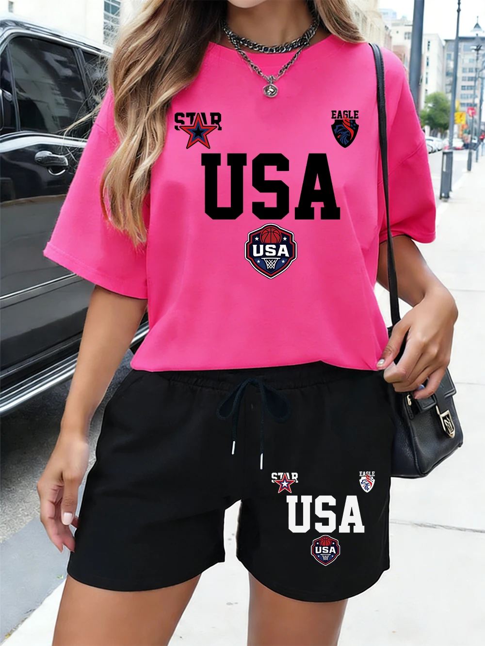 

Usa Star Letter Jersey Printing Cotton Tops Shorts Womens Casual Two Pieces Set T-Shirts Pants Summer Oversized Pocket Clothes