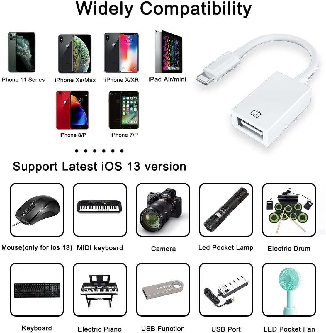 Lightning Female to USB OTG Cable Camera Adapter for Select iPhone iPad Models Car Connectivity Support Camera Connection