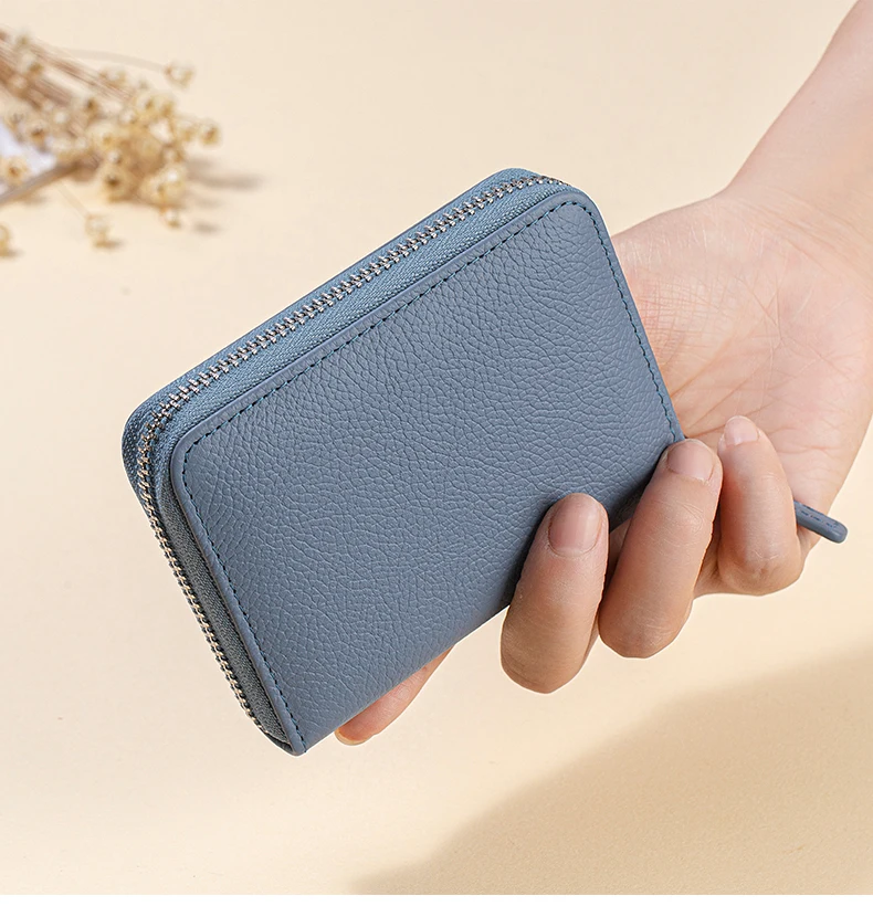 Genuine Leather Small Accordion Card Cases Holder For Women RFID Blocking Zipper Credit Card Wallet with Coin Pouch 2 Cash Slot
