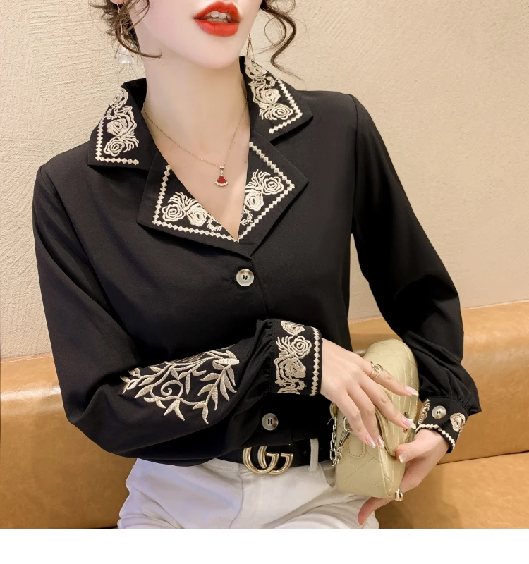 Chiffon Women\'s Blouse Large Size Embroidery Shirt Summer Elegant Long Sleeves Loose Korean Style Top Female Clothing