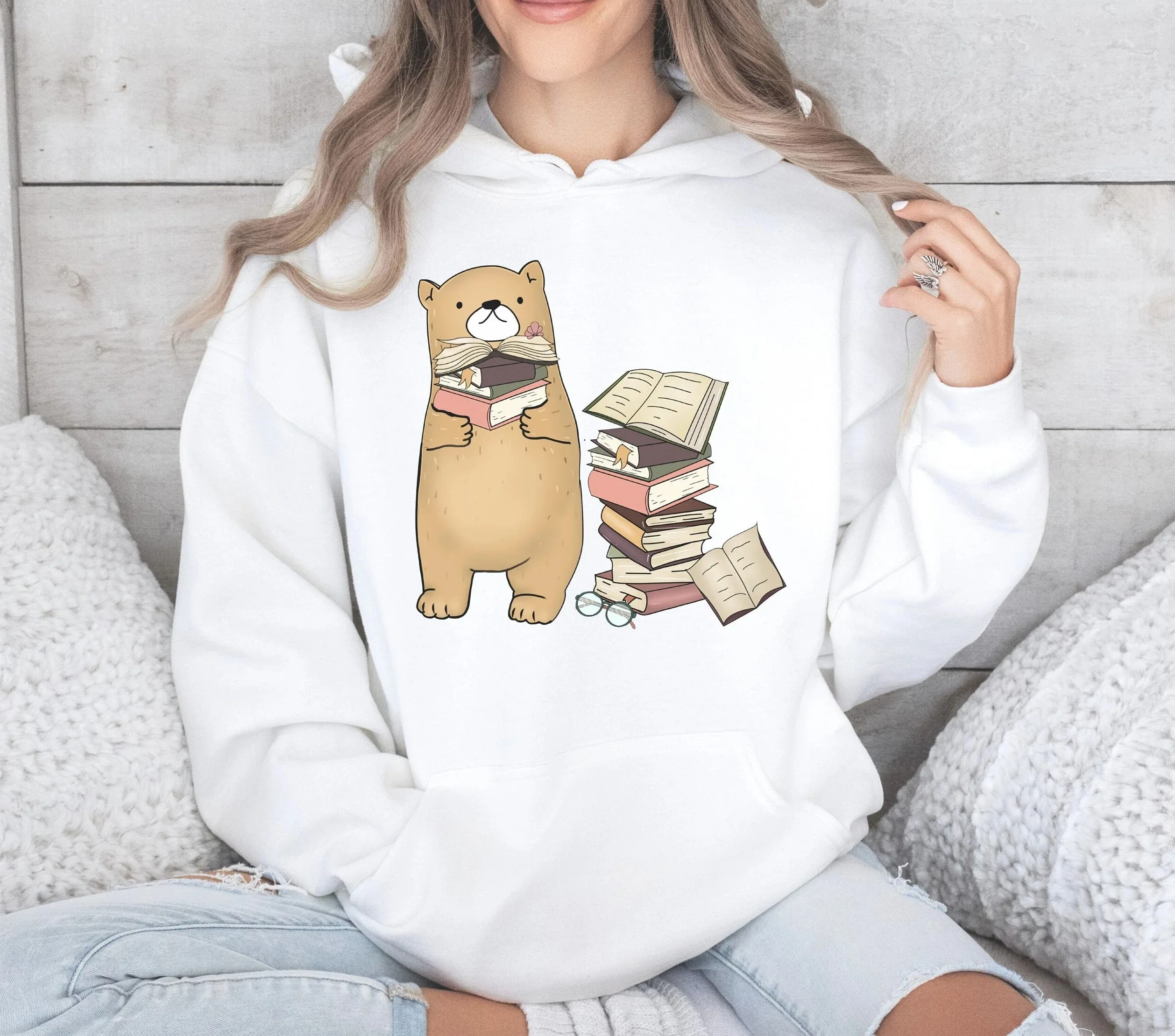 

Мягкая и удобная хлопковая толстовка с рисунком «Очаровательный медведь и книги», необходимая для вас, которая любит сужает сладость