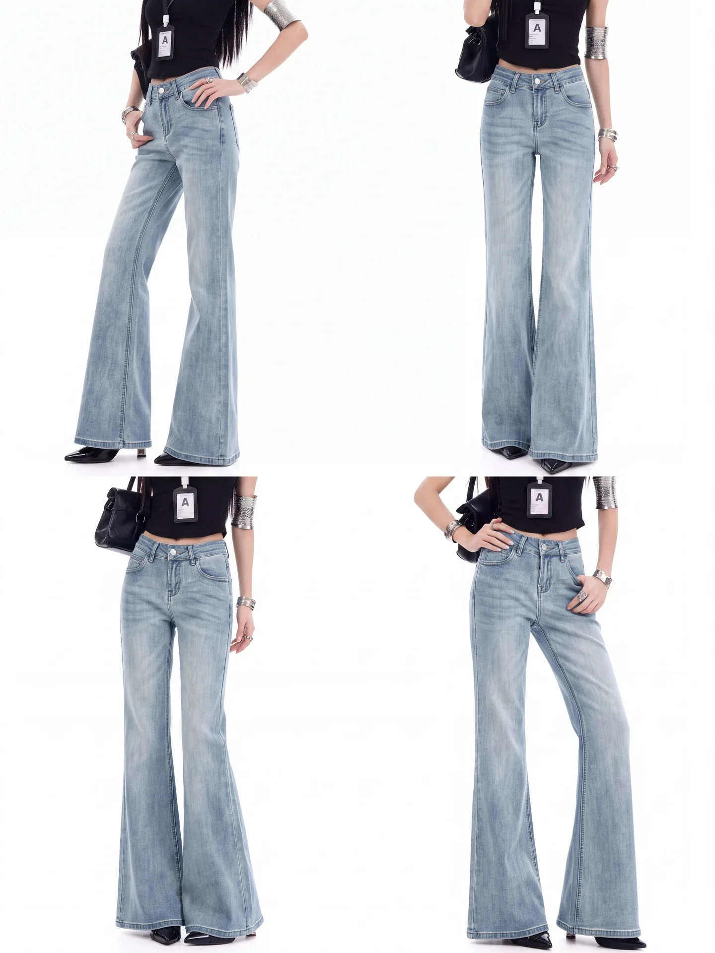 High Waist Bell Bottom Denim Jeans Women's Light Blue Washed Ant Casual Straight Leg Cotton Stretchy Retro Slimming Pants