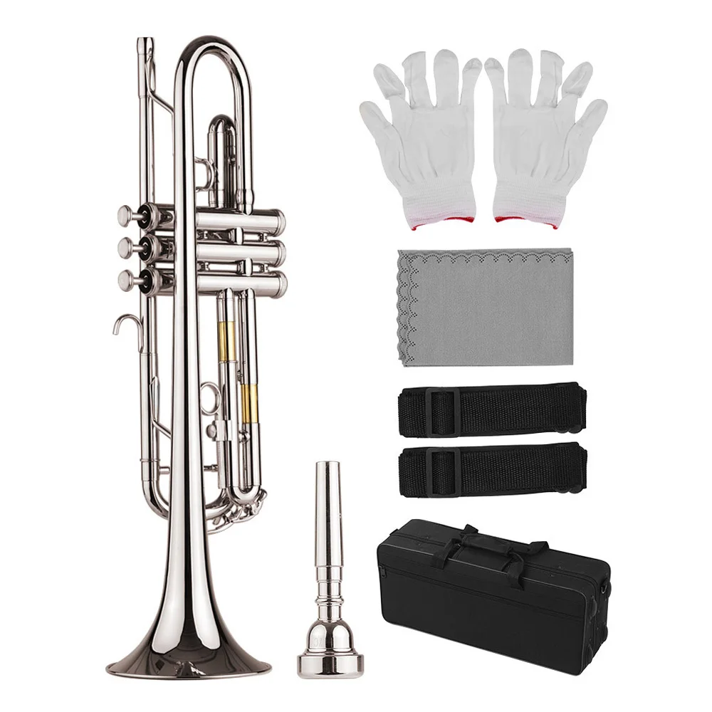 trumpet B flat Standard Bb Trumpet Brass Material Nickle Plated Wind Instrument with Mouthpiece Carry Bag Gloves Cleaning Cloth