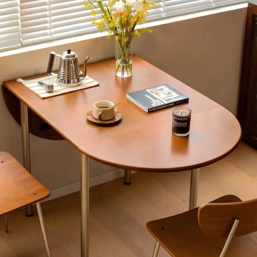 Medieval oval coffee folding dining table household retro small apartment stainless steel retractable pull-out dining