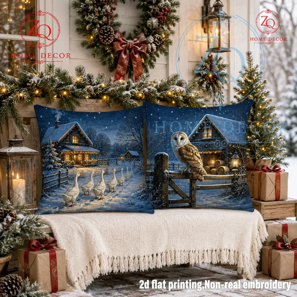 Snowy Night Barn Owl Print Pillowcase: A tranquil winter mosphere creed by st furnishings to add cozy retro American style