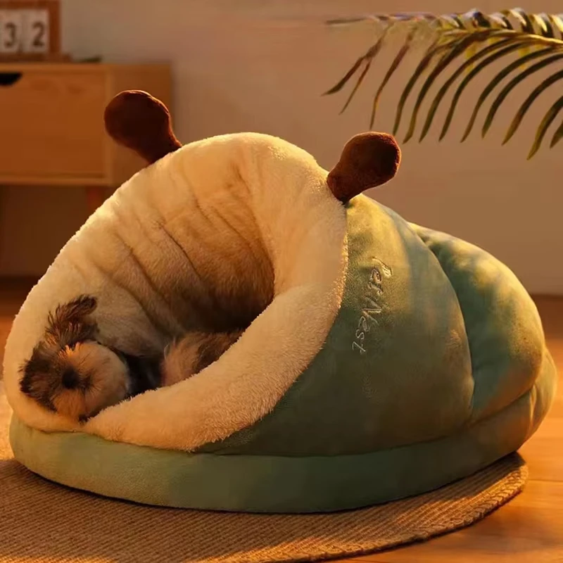Plush Pet Bedautumn And Winter Soft Plush Round Cushion House 2 In 1 Semi-enclosed Shell Shape Cat Nest Kennel Small Dog Bed