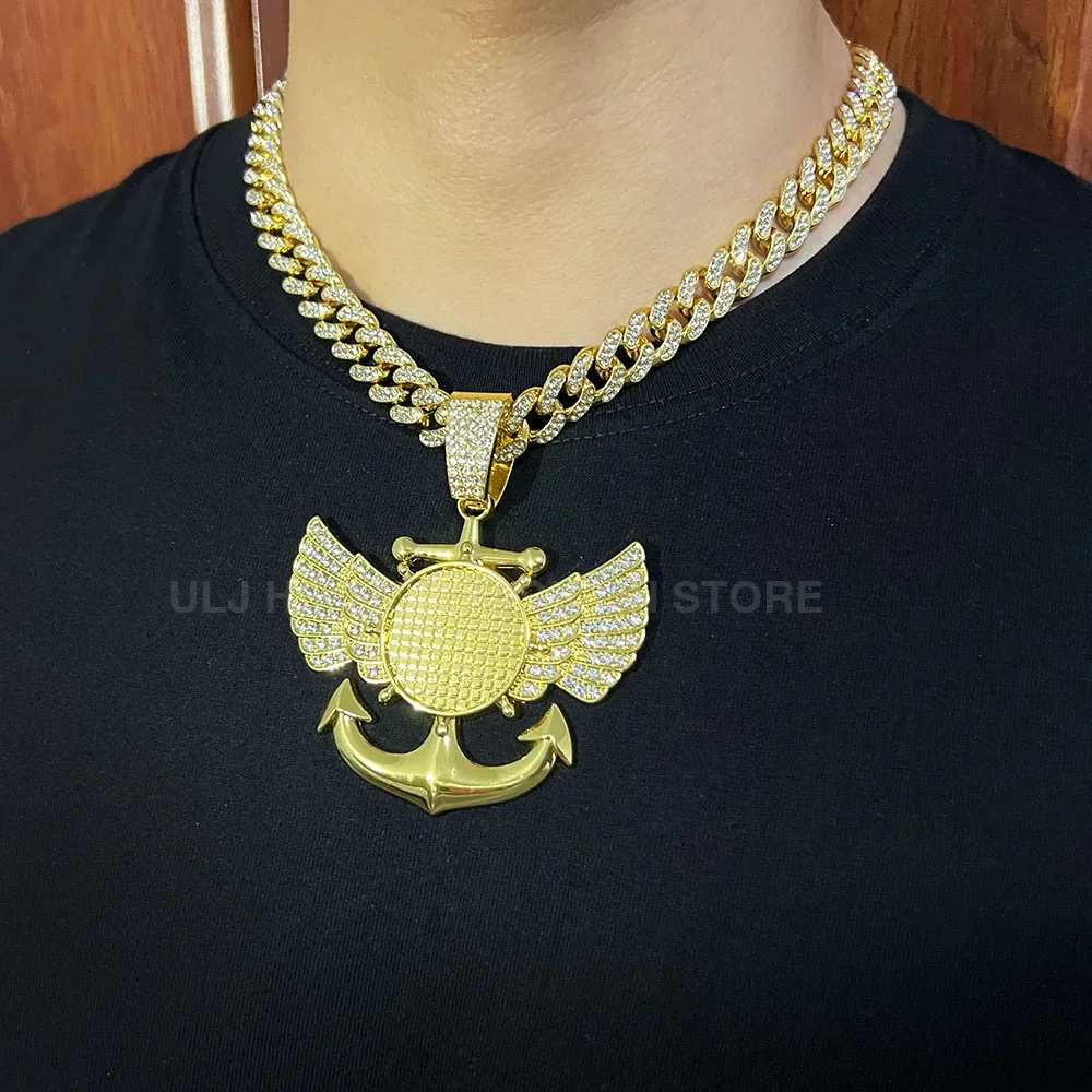 Purcolasia Photo Frame Wings Anchor Pendant Bling Rhinestone Cuban chain Hip hop Necklace Iced Out Jewelry