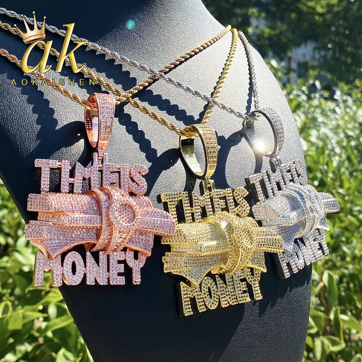 Aokaishen Iced Out Time is Money Necklace Pendant for Men Prong Setting Real Gold Plated Hip Hop Jewelry