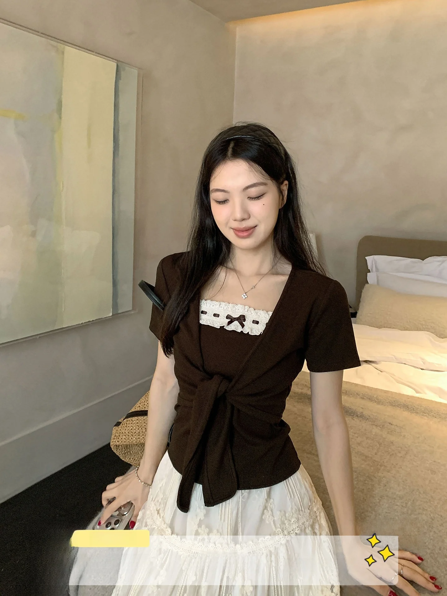 

Korean Style Knot Strap Vest Set Women Summer New Design Unique Top Cardigan Two Piece Set Breathable Cotton Blend