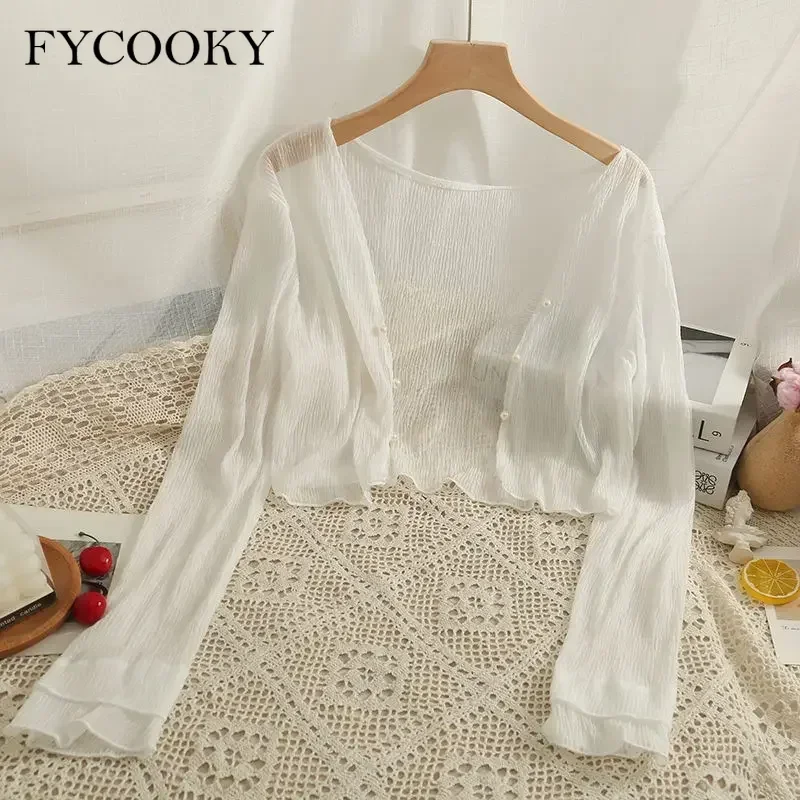 2025 Fairy Style Solid Cardigan Women Summer New Long Sleeve Sunscreen Sweet Beading V-neck Basics Loose Chiffon Cardigan - Image 5
