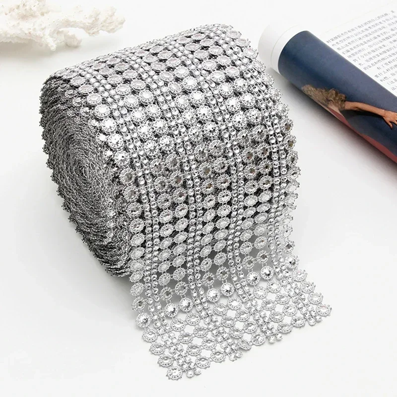 1 Yard 16row Crystal Diamond Mesh Arranged Rhinestone Ribbon for Bouquets Candle Holder Vases Wedding Party Home Decoration