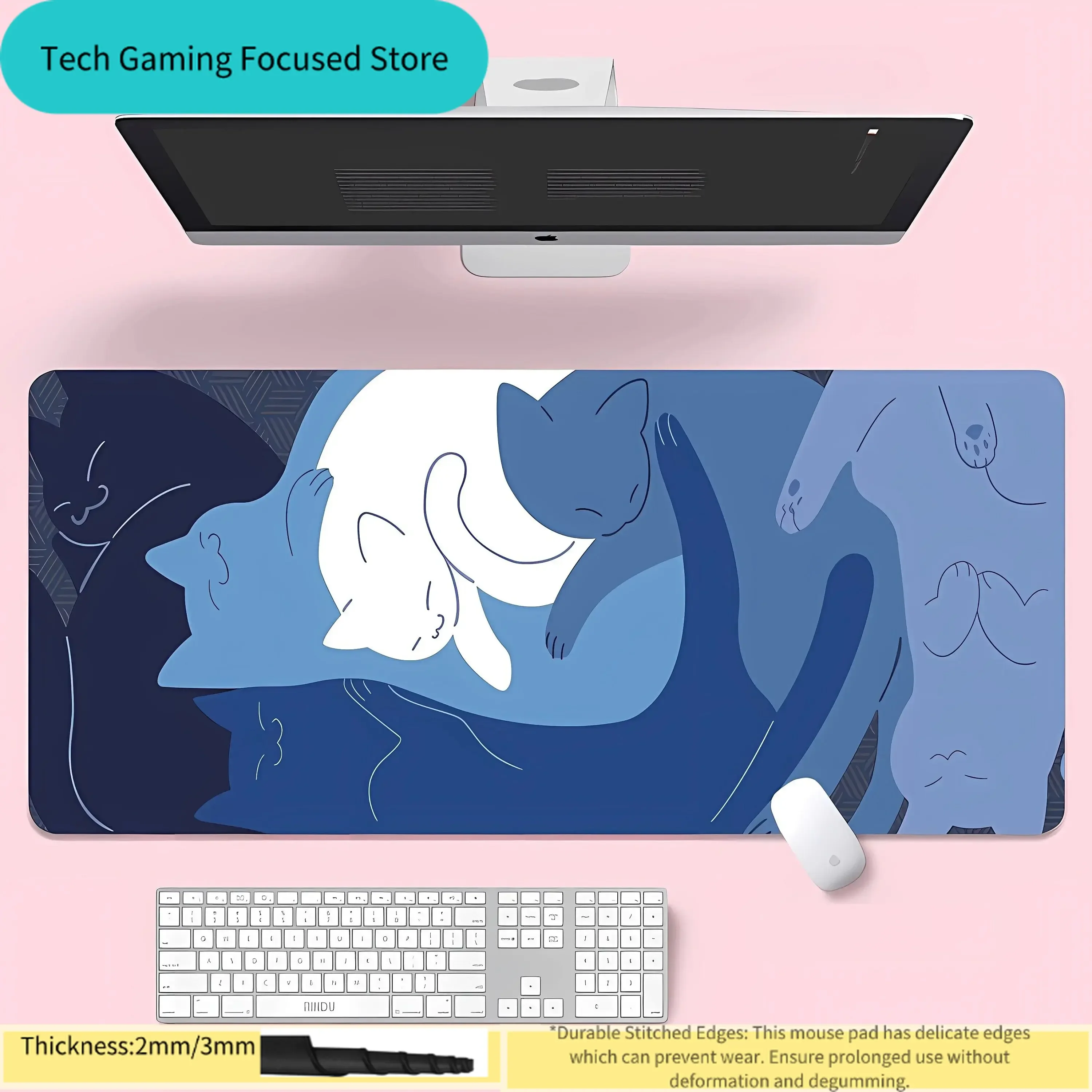 Großes Mauspad XXL, niedliche blaue Katze, Schreibtischunterlage, Kawaii-Computer-Schreibtischzubehör, Mausmatte, großes Mauspad, Gamer-Gummipads