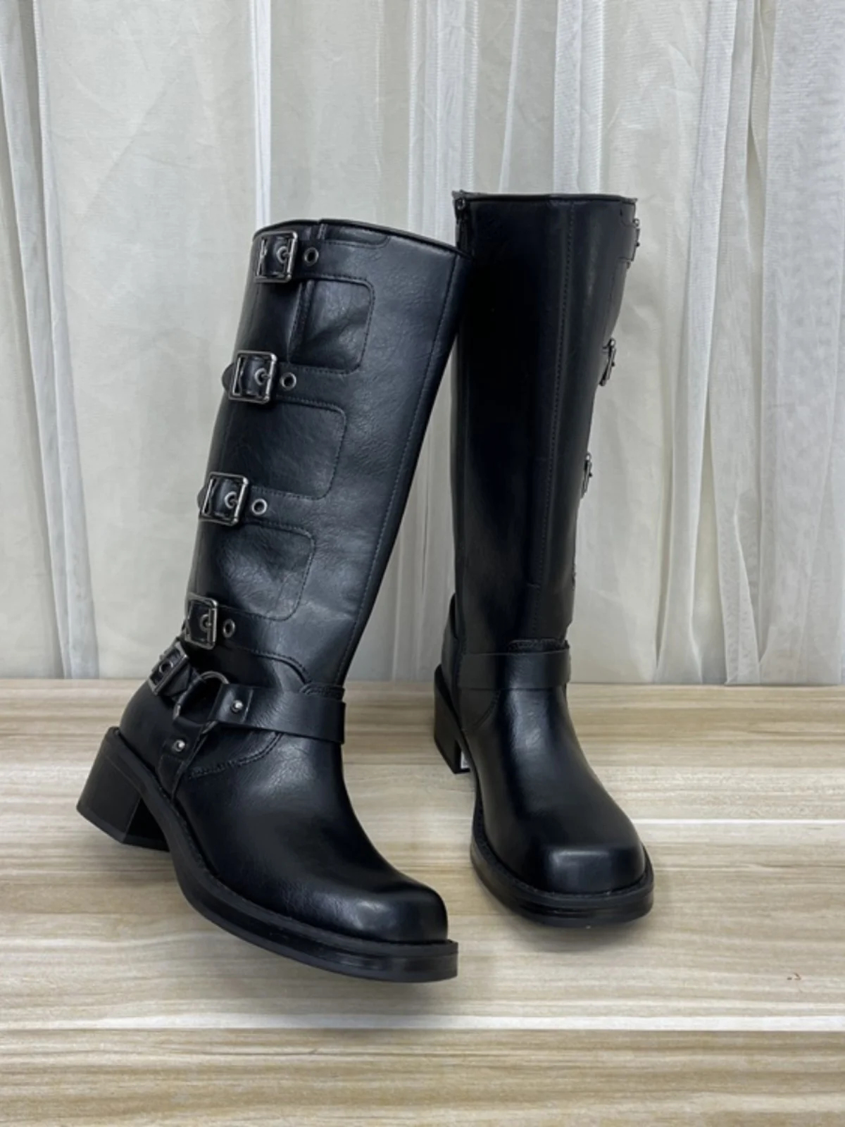 

Faionable Western Sle Women's Boots Square Head Pure Color Thi Heel High Tube Boots Side Zipper Belt Bule Boots