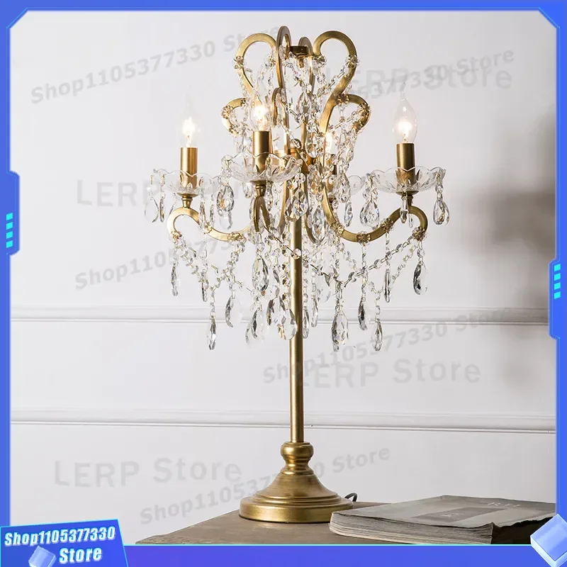 Vintage White Crystal Table Lamp American Country Style Vertical Design for Living Room Bedroom Bedside Simple French Decor