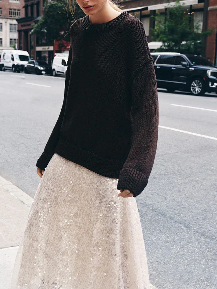 

Sweet Ele, свободный базовый круглый вязаный свитер Ne Long Sve, Новое поступление, осень 2021, женский повседневный цвет