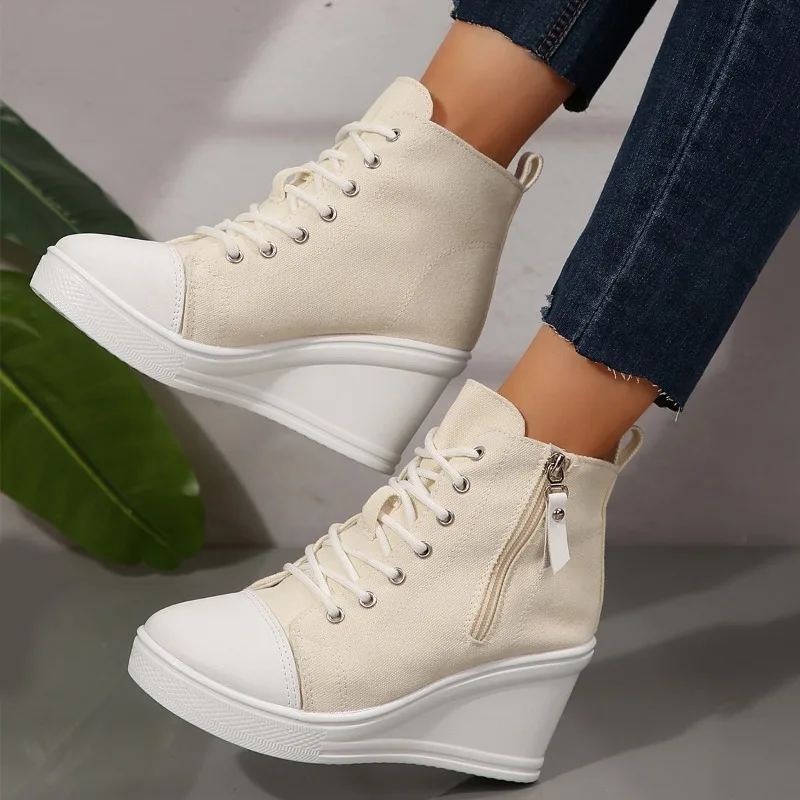 Scarpe da ginnastica da donna primavera autunno stringate con aumento di altezza scarpe di tela casual da donna alte con zeppa scarpe da ginnastica con plateau moda donna