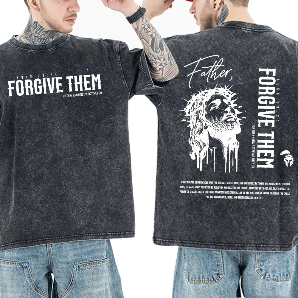

Винтажные потертые футболки Christian Jesus Forgive Them Father для мужчин и женщин, модные ретро футболки большого размера с короткими рукавами, уличная одежда