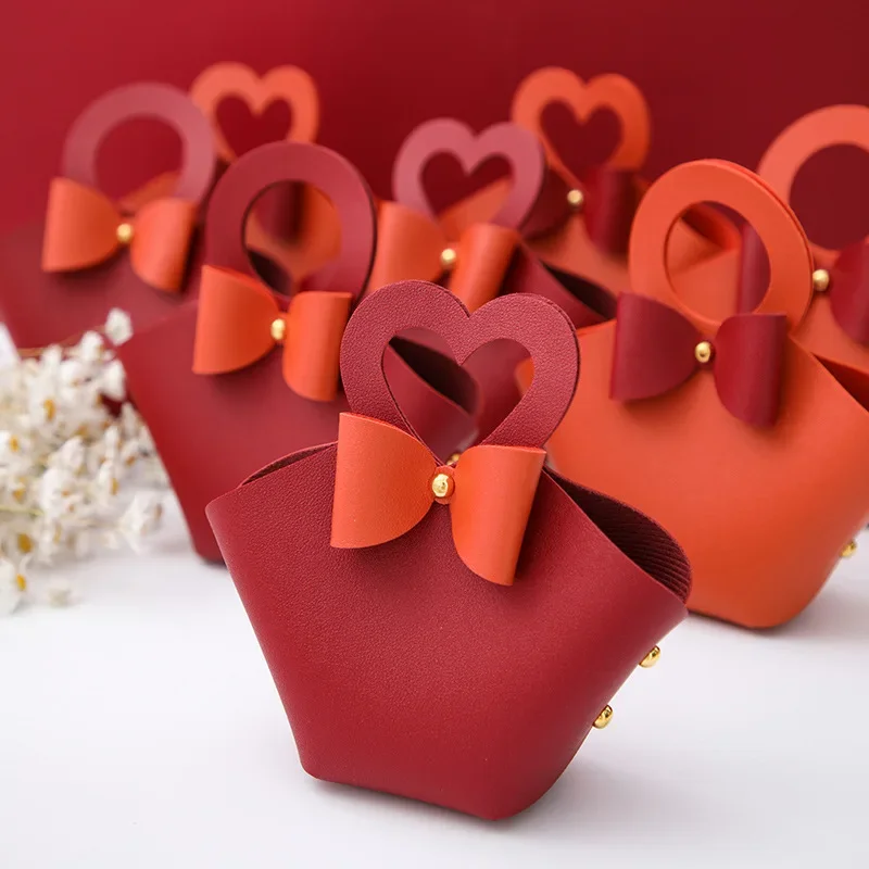 5/20/50pcs New Bow Companion Leather Gift Bag Chocolate Box Ins Wedding Love Packaging with Handle Portable Distributions Bags