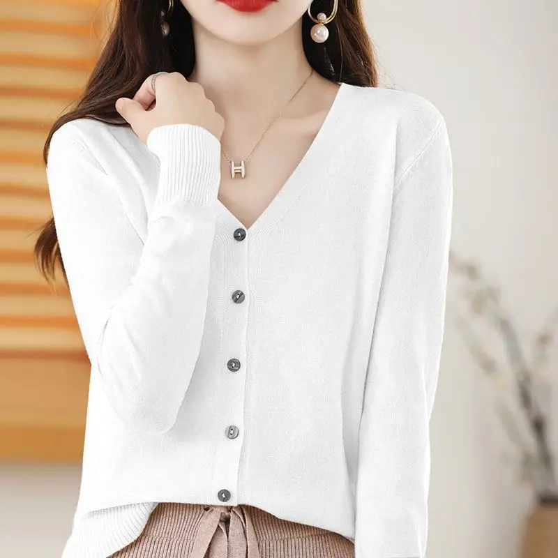Spring Autumn Women Clothing Solid V-Neck Cardigan Sweaters Single Breasted Simplicity Fashion Loose Long Sleeve Knitted Tops