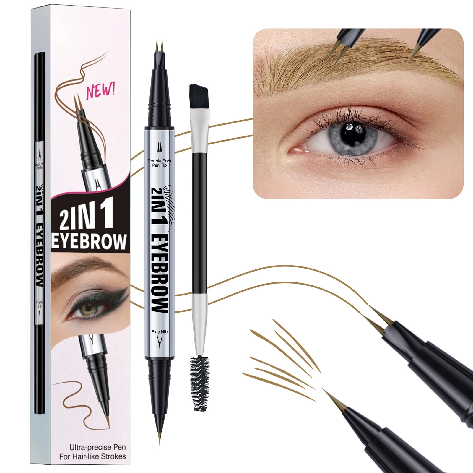 Microblading Eyebrow Pen 2 In 1 Waterproof Eyebrow Pencil And Eyebrow Brush,Professional Long-lasting Eyes Liner Makeup Tool