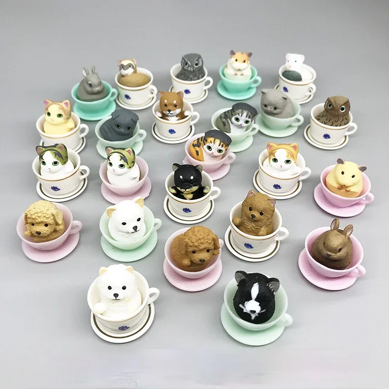 Simulation Teacup Cat and Dog Mini Animal Model Miniature Landscape Decoration Bonsai Decoration Gift Toy Cake Decoration Figure