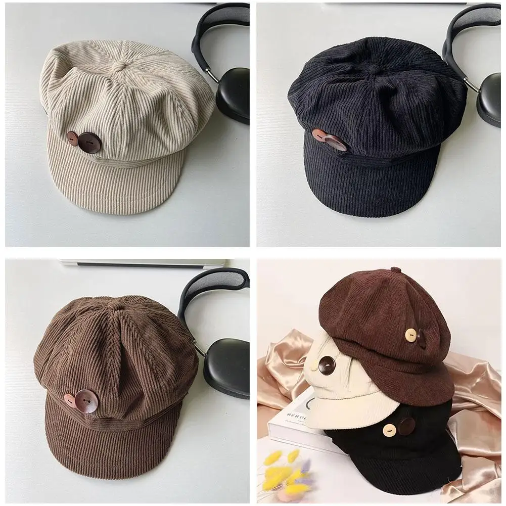 Retro Knopf Cord Achteckige Kappe Für Frauen Maler Künstler Hut Japanische Mädchen Braun Schirmmützen Herbst Winter Berets – Detail 3
