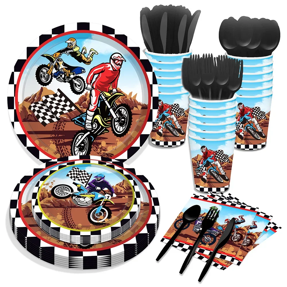 Motorcycle Autocycle Motocross Race Game Birthday Party Disposable Tableware Sets Plates Napkins Tablecovers Baby Shower Party