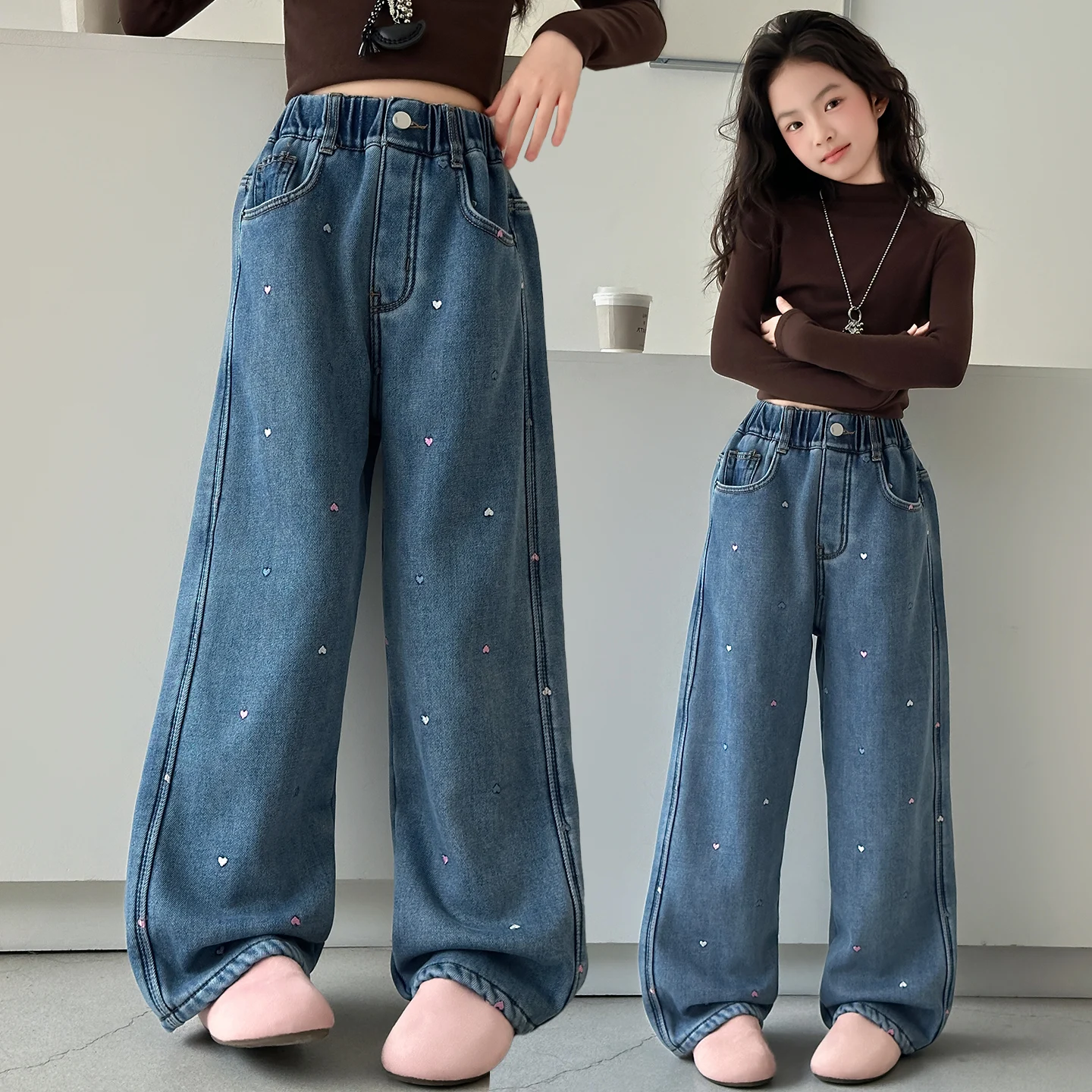 2026 Girls Middle School Loose Solid Color Small Love Embroidered Pockets Cute Jeans Casual Pants Wide Leg Pants 4-14 Years Old