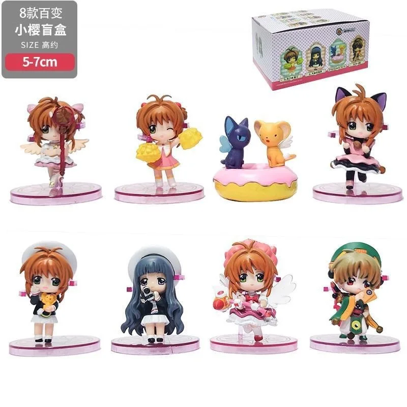 Figurka Magicznej Dziewczyny z Kwiatem Wiśni w Wersji Q, Karta Magiczna, Kinomoto Sakura, 8 Wzorów, Zmieniająca Się Niespodzianka, Ozdoba na Tort, Prezent