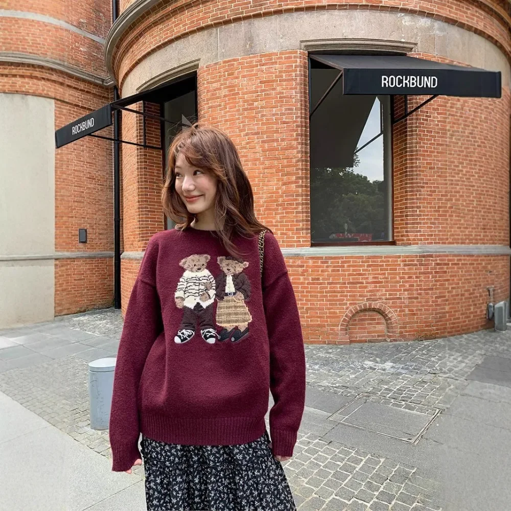 Harajuku Cartoon Bear żakardowy sweter z dzianiny damski sweter jesienno-zimowy sweter Oversize Casual słodkie koreańskie swetry Kawaii