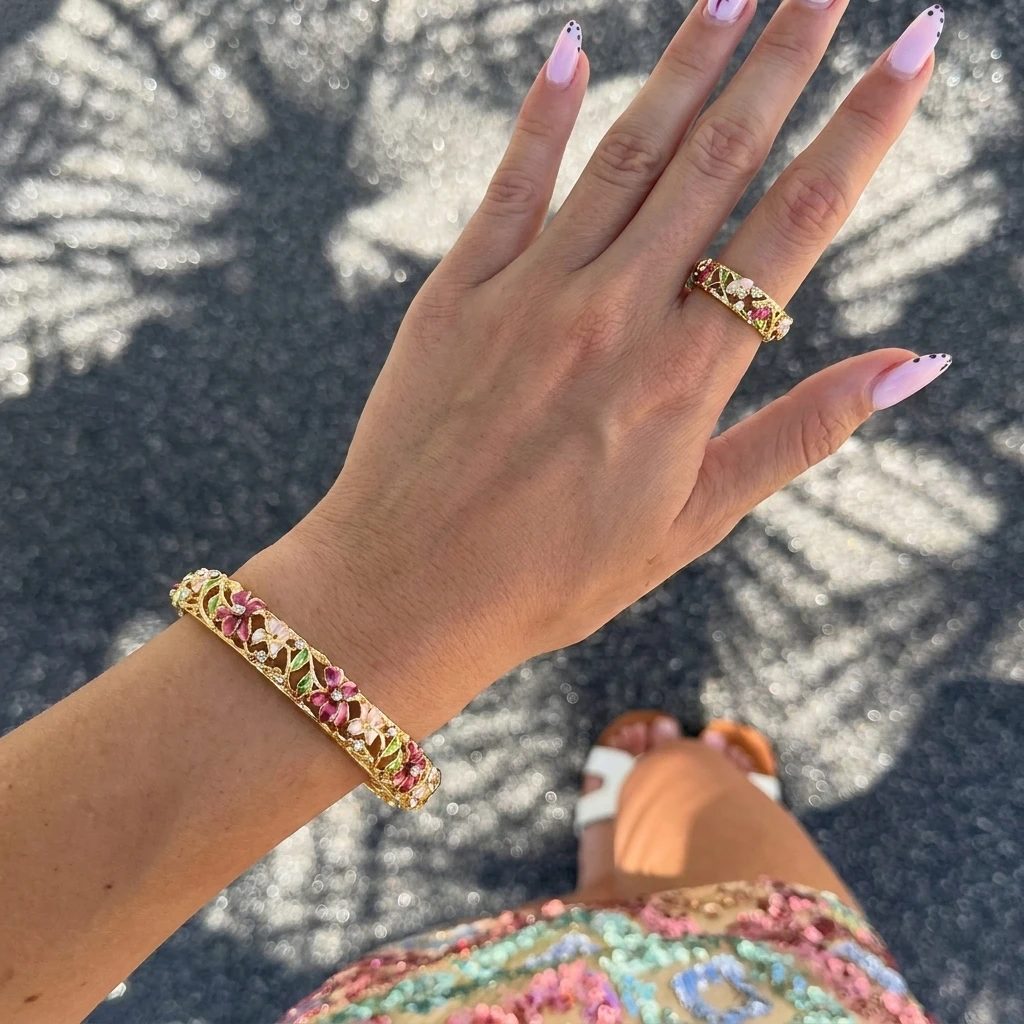 BELLA-Bee Vintage Flower Enamel Bracelet Ring Set Gold Tone Colorful Crystal Open Cuff Bangle Jewelry for Women Gift