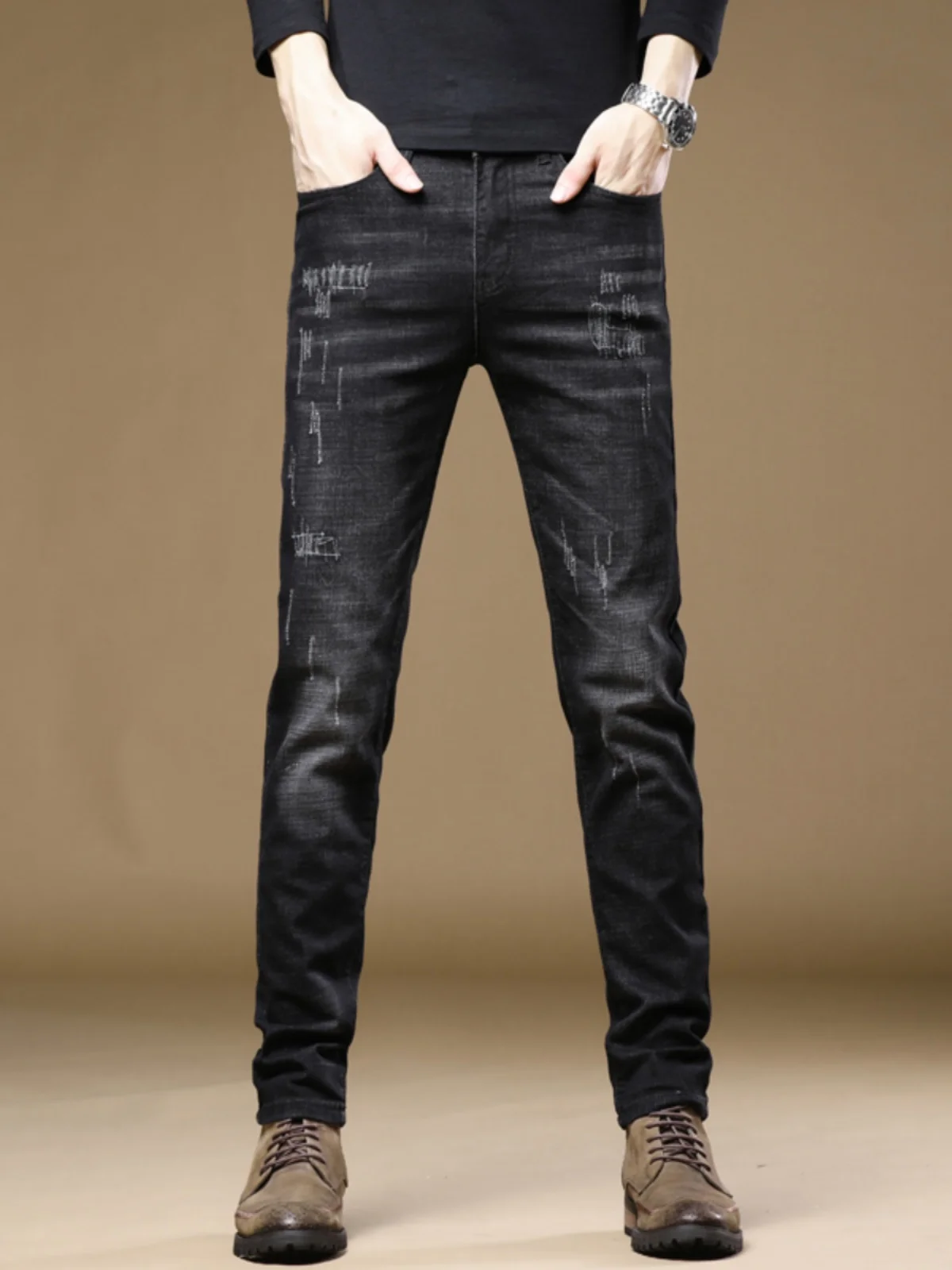 

Slim Fit Men's Jeans Trendy Bla Casual Long Pants Autumn 2023 Cotton Stretch Denim mid Waist Zipper Youth ular Sle