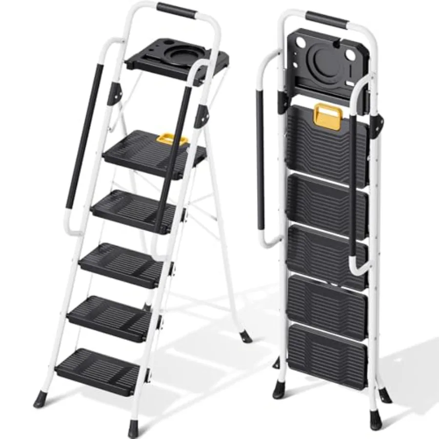 Escalera Plegable de 5 Peldaños con Capacidad de 800 lb, Taburete con Bloqueo de Seguridad, Bandeja para Herramientas, Peldaños Anchos Antideslizantes y Pasamanos, Escalera Plegable para el Hogar