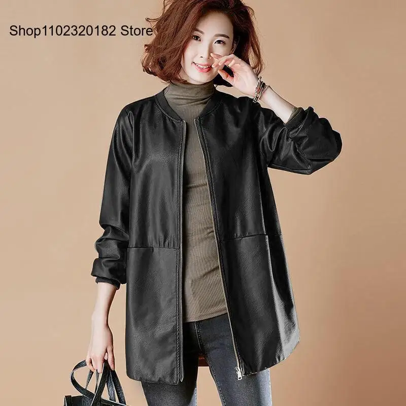 Baseball Jacket Medium Length Leather Coat Windbreaker Jacket Women