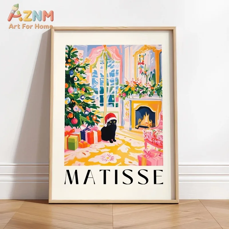 Matisse Style Christmas Cat Canvas Wall Art Xmas Indoor Scene Print Festive Holiday Home Living Room Unframed Canvas Poster