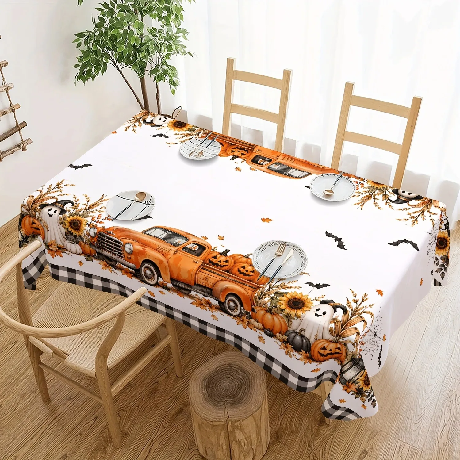 1pc Vintage Farmhouse Style Halloween Harvest Season Tablecloth with Vintage Orange Pickup Truck, Jack-o'-Lantern, and Bat Patte