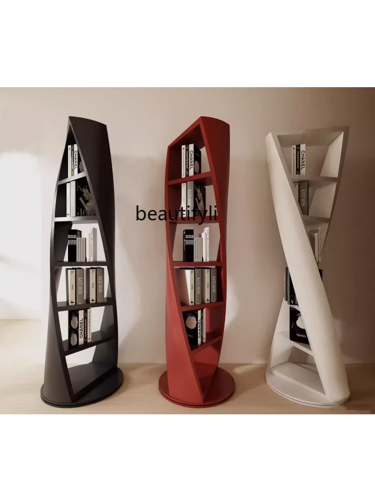 Wine Red Baking Varnish Bookshelf Solid Wood Rotating Bookcase round Shelf Modern Special-Shaped Decorative Display Stand