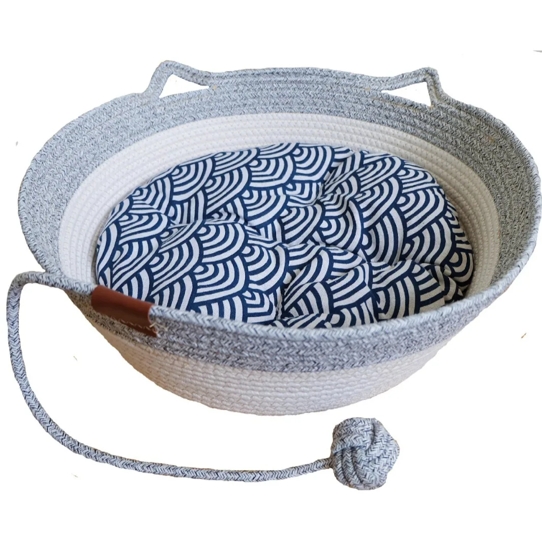 Summer cool cat 2 in 1 Scratching bed Hand woven Cotton Rope Pet Nest basket with pet ball pet toys washable Cat Cave Bed