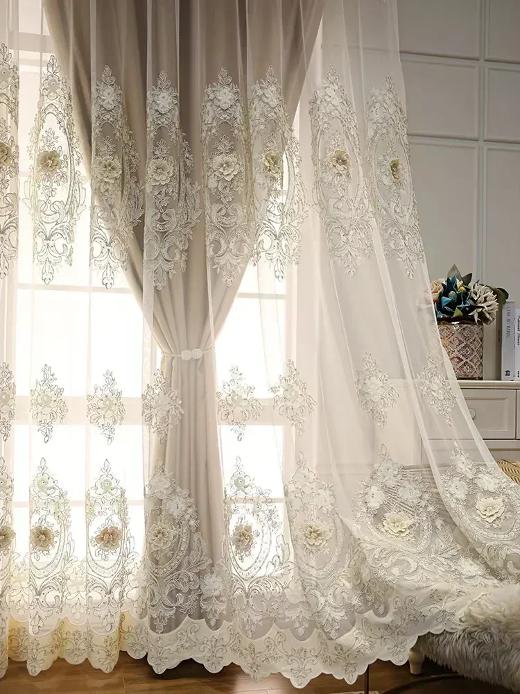 3D Embroidery Lace Window Screen Gold High-precision Curtains Living Room Bedroom Customized Balcony Bay Window White Tulle