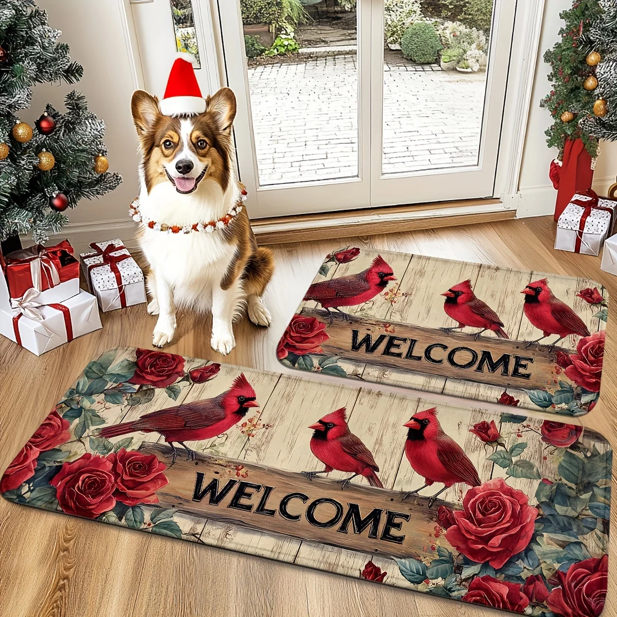 VIKAMA 1/2 Stück Fußmatten mit Weihnachtsmotiv, Kardinalen und Rosen – rutschfest, Küchenteppich, Badezimmerteppich, Heimdekoration