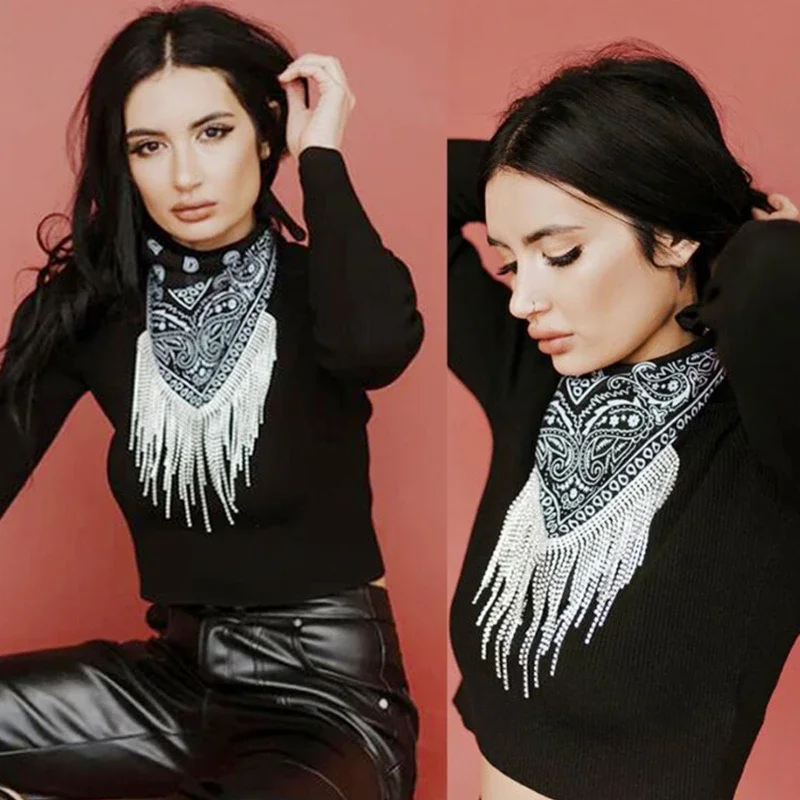 

667E Retro Versatile Bandana with Silver Fringe Bling Headscarf for Masquerades Party