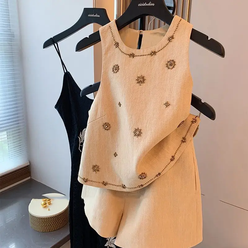 Fashion Top Crop Bead Vest Summer Shorts Conjunto De Dos Piezas De Moda Para Mujer 2 Piece Sets Womens Outfits