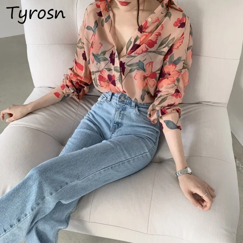 

Шифоновые рубашки с цветочным принтом, женские рубашки с длинным рукавом в корейском стиле, OL, темпераментный дизайн, модные однобортные, весна-лето, элегантные