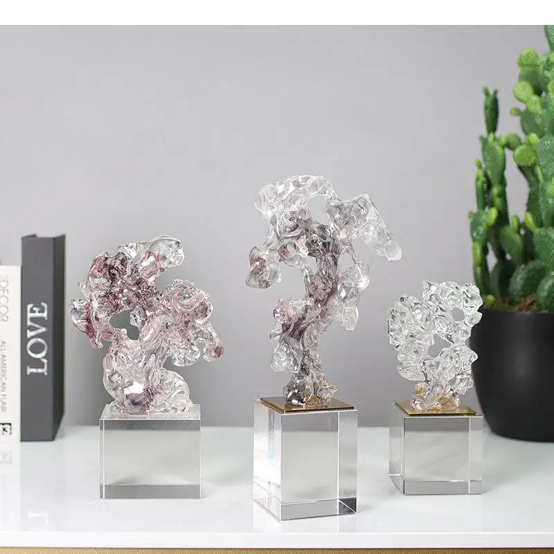 Transparent Coral Stone Sculpture Crystal Base Resin Crafts Desk Decoration Ornaments Abstract Artwork Modern Decor