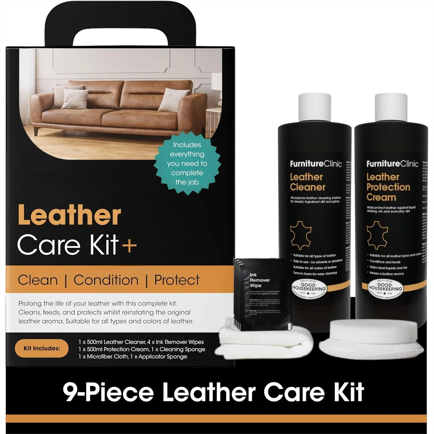 

Large Leather Care Kit: Cleaner + Conditioner for Couches, Car Seats, Jackets, Boots, 2x17oz