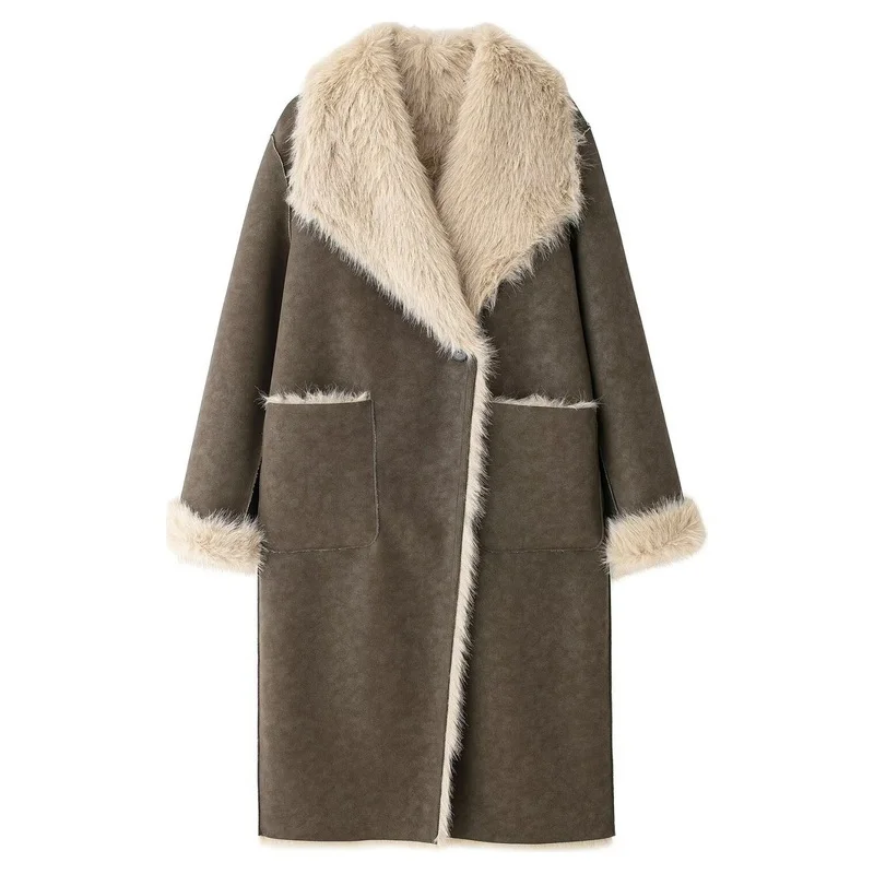Women Reversible Faux Fur Long Coat Two Sided Wear Warm Fall Winter American Style Outerwear