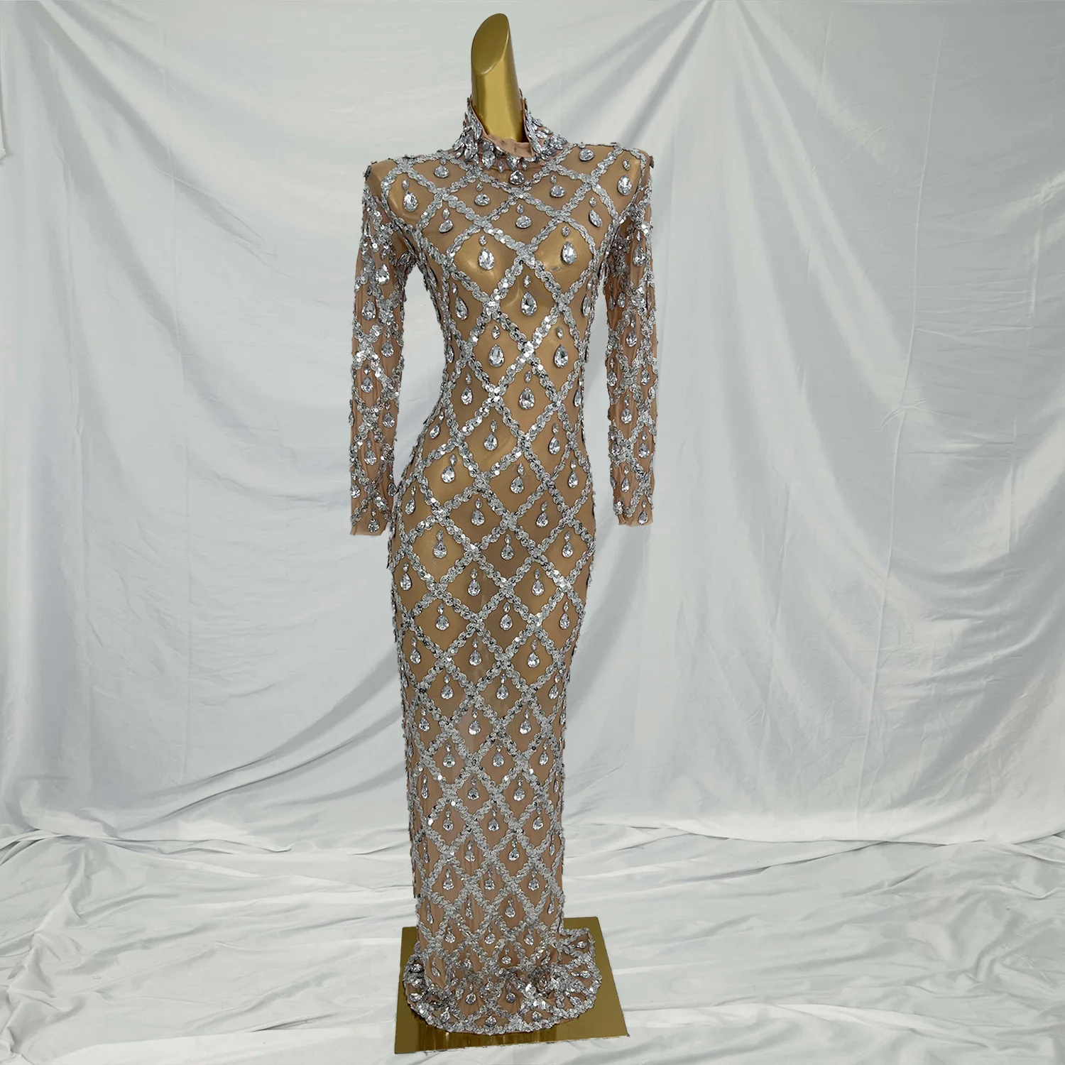

Shaokaojia Sexy Mesh Celebrate Evening Wedding Prom Gown Birthday Dresses Photograph Wear Sparkly Rhinestones Long Sleeve Dress