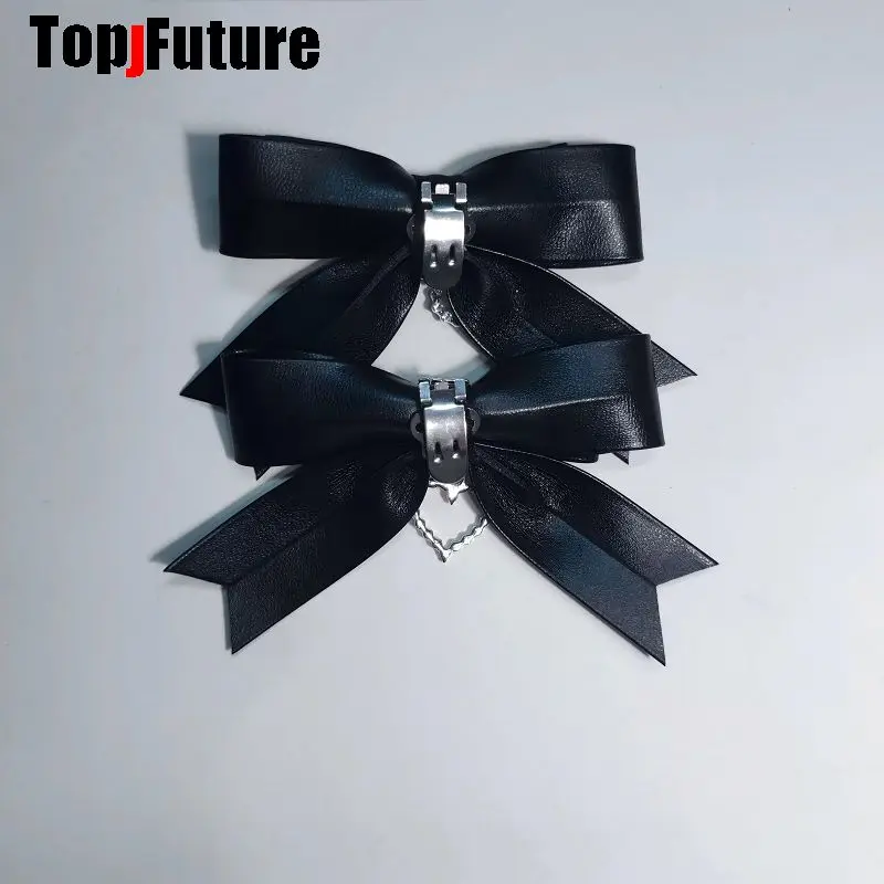 Y2K Japanese Dark Gothic Lolita Harajuku Original Leilei Handmade Leather Bow Shoe Clips Pair With Heart Rhinestone Pendant