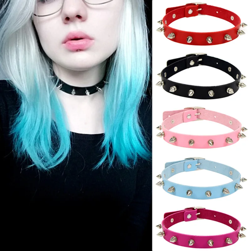 Regulowany gotycki Unisex Faux Leather Spike nit Choker Punk naszyjnik biżuteria rekwizyty do Cosplay 42CM upuszczając wysyłkę